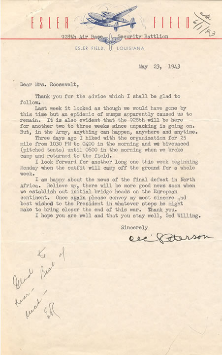 Letter From Cecil Peterson Tuskegee Airman to Eleanor Roosevelt 