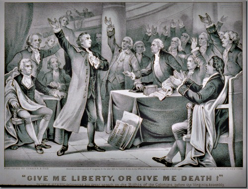 "Give me liberty, or give me death!" Patrick Henry delivering his great speech on the rights of the colonies, before the Virginia Assembly, convened at Richmond, March 23rd 1775, concluding with the above sentiment, which became the war cry of the American Revolution by Currier & Ives. 
