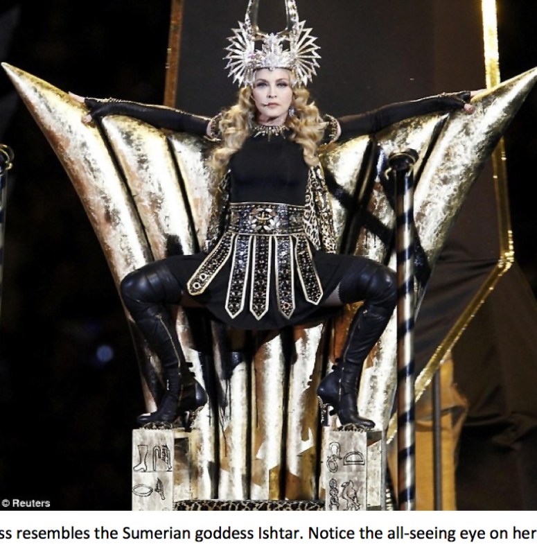 Super Bowl Ritual ~ Madonna as Ishtar With Seeing Eye Of Horus On Her Belt. This is the same eye atop the pyramid on our currency which is printed by the Rothschild's Fed Reserve a private company that surreptitiously came into the U.S. in 1913.