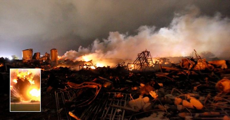 The remains of a fertilizer plant burn after an explosion at the plant in the town of West, near Waco, Texas early April 18, 2013. The deadly explosion ripped through the fertilizer plant late on Wednesday, injuring more than 100 people, leveling dozens of homes and damaging other buildings including a school and nursing home, authorities said.  REUTERS/Mike Stone   (UNITED STATES - Tags: DISASTER ENVIRONMENT AGRICULTURE)