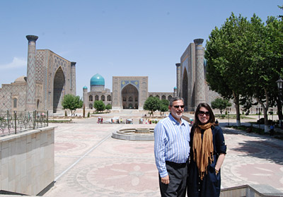 Assistant Secretary Boucher and his Senior Advisor Caitlin Hayden pose at the Registan in Uzbekistan
