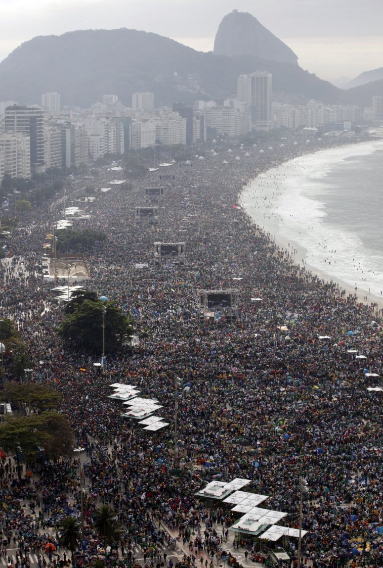 Three million people gather on Rio beach for mass with Pope Francis. July 2013