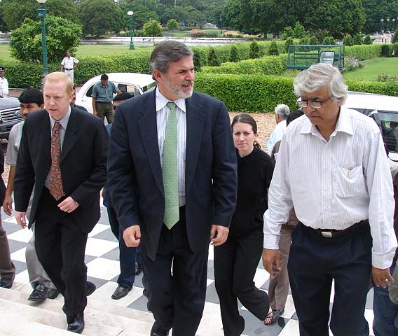 Assistant Secretary of State for South and Central Asian Affairs Ambassador Richard Boucher being escorted to the Victoria Memorial in Calcutta by Curator  Chittaranjan Panda (right) on August 4, 2006. He is accompanied by Consul General Henry V. Jardine (left) and Senior Advisor Caitlin Hayden (seen in the back).