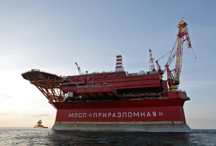 2287877 08/25/2012 The Prirazlomnaya oil rig in the Barents Sea (archive photo of 25.08.2012). The frontier guard of Federal Security Service have detained Greenpeace activists near Gazprom's oil rig. The Russian border guards escort the Arctic Sunrise ship to a port in Murmansk. Igor Podgornyi/RIA Novosti