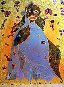 Chris Ofili's The Holy Virgin Mary 1996. Chris Ofili's "The Holy Virgin Mary," a controversial painting of the Virgin Mary embellished with a clump of elephant dung and two dozen cutouts of buttocks from pornographic magazines, is shown at the Brooklyn Museum of Art Monday, Sept. 27, 1999, in New York, as part of the "Sensation: Young British Artists From the Saatchi Collection," exhibit scheduled to open Saturday, Oct. 2. New York City Mayor Rudolph Giuliani pledges to cut all $7 million of city funding to the museum, one-third of its budget, unless the painting is pulled from the exhibit while Giuliani's possible U.S. Senate opponent first lady Hillary Rodham Clinton says she doesn't like the idea of a portrait of the Virgin Mary embellished with elephant dung, but believes the museum has a right to show it. (AP Photo/Diane Bondareff)