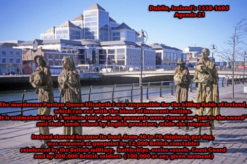 Over a million Catholic emaciates who survived England's genocide against them left Ireland during the induced Great Famine.  Now, they are commemorated at Custom House Quay