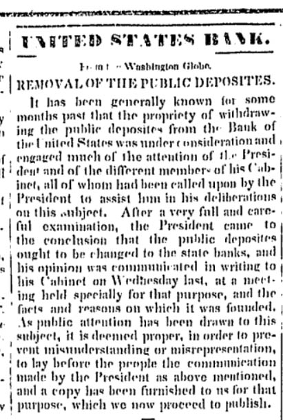 News report of Jackson shutting down the Second Bank of the United States, Geneva Gazette, October 2, 1833